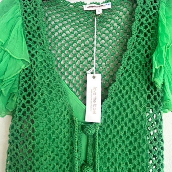 Anthropologie Love The Label Tiered Kelly Green Crochet Flutter-Sleeve Dress NWT - Picture 6 of 16